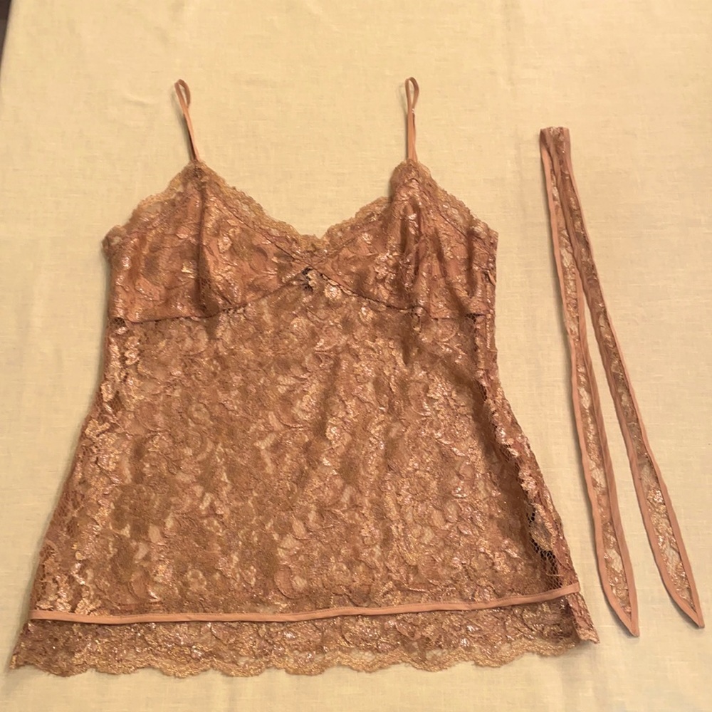 Vintage BEBE Lace Gold Metallic Top, with Side Zipper & Bust Satin Lining.